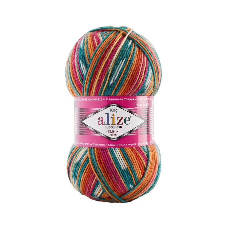 Alize Superwash 7839 красный оранжевый зеленый белый